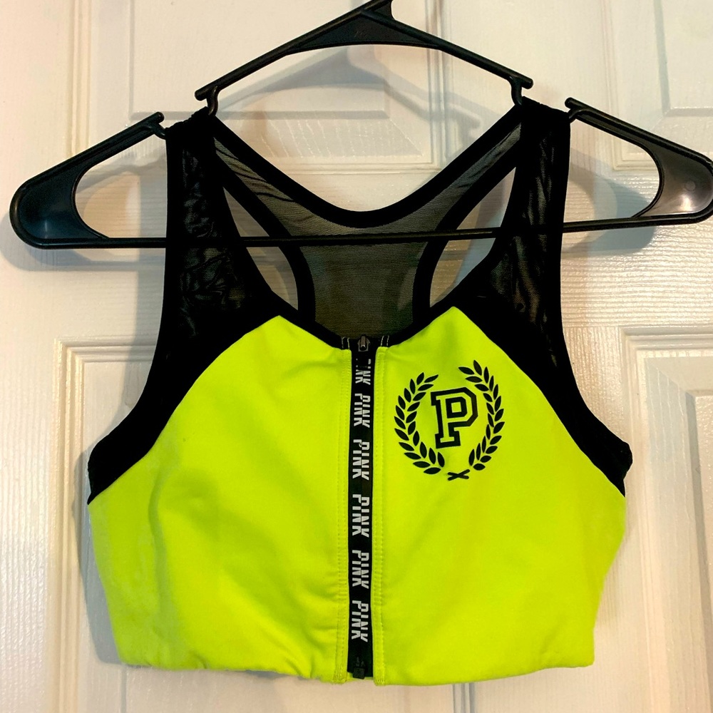 PINK neon green and black mesh zip-up sports bra